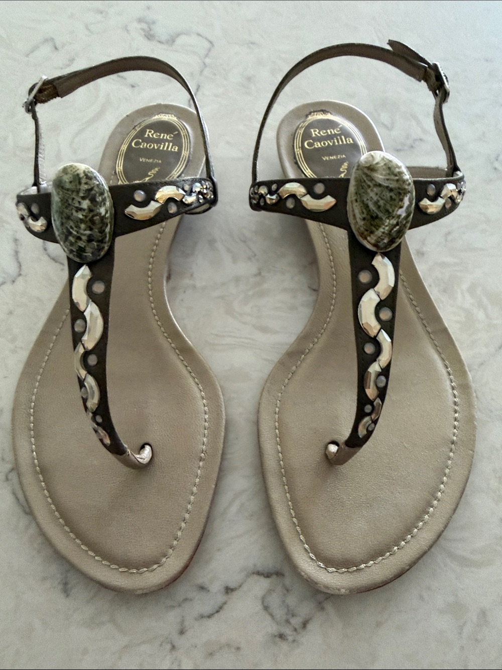 Rene Caovilla Olive Green T-Strap Sandals